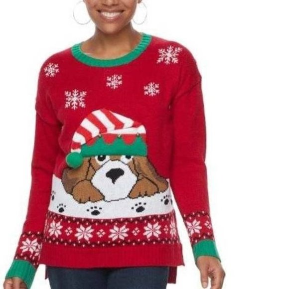 *Ugly Christmas Sweater USS Red X-Small Puppy Dog Light Up USS Long Sleeve Crew - Picture 1 of 4
